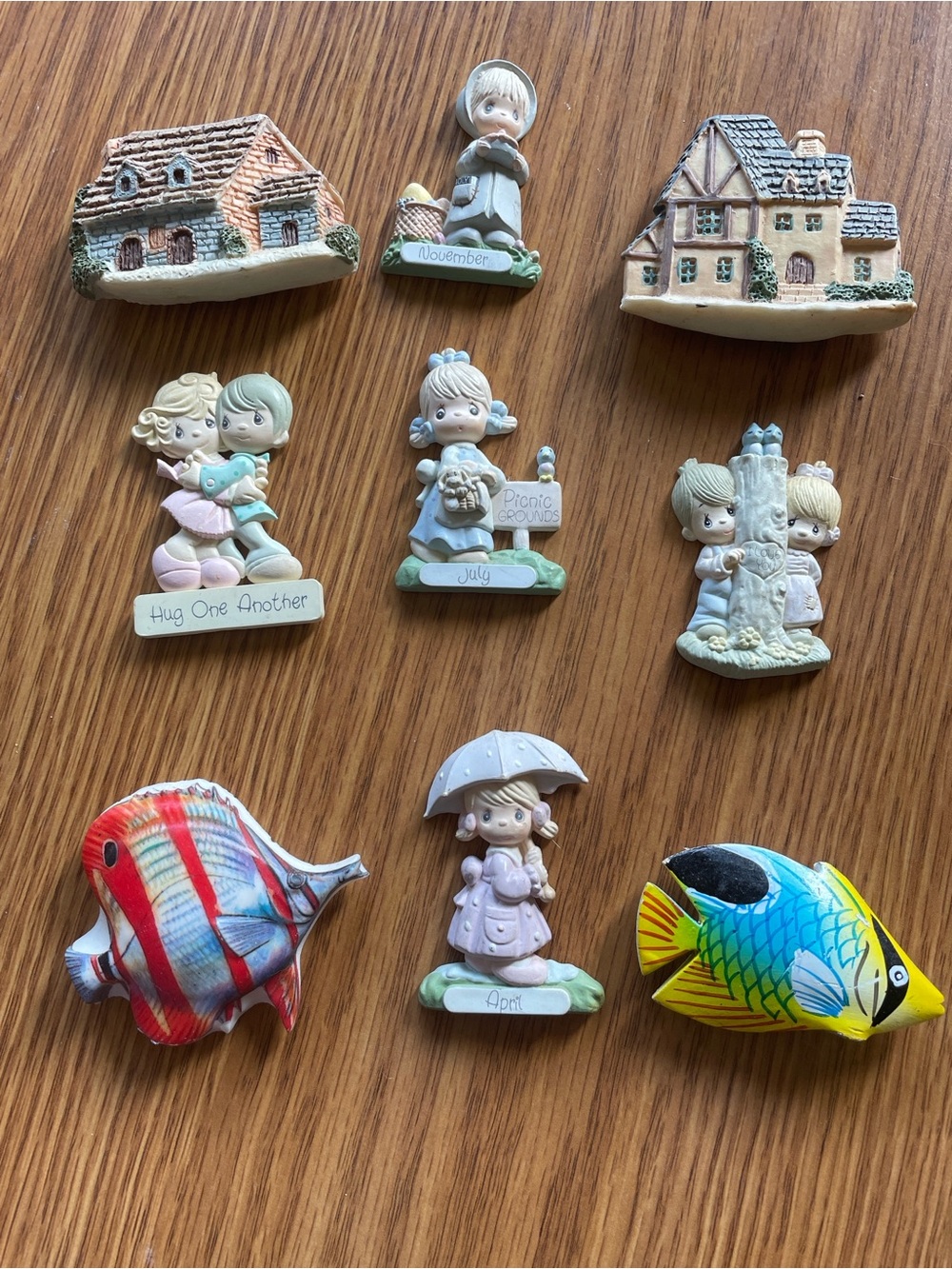 Precious Moments & Colorful Fish Figurine Lot - Pastel Tones